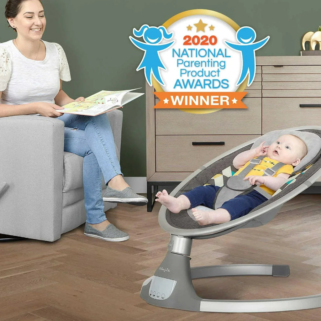 2026 NewDream On Me Zazu Baby Swing. Baby Swing for Infant. 5 - Swinging Speed. Two Attached Toys. Bluetooth Enabled and Remote Control. Grey and Blue