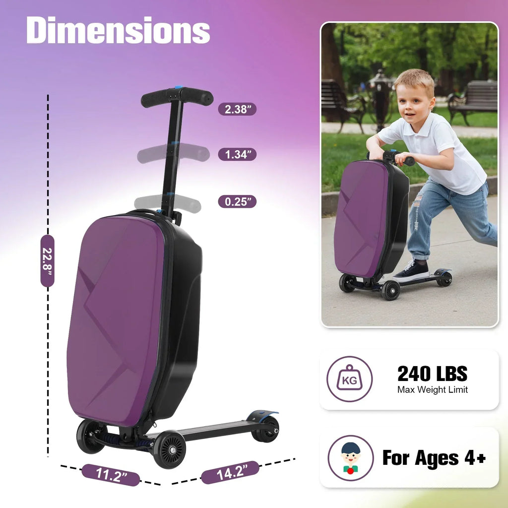 2026 NewAdvwin Scooter Luggage for Kids & Adults, Hardside Ride on Suitcase for Kids Ages 4-15 Multifunctional Lightweight Foldable Carry on Luggage with Wheels Ride on for Children Teenagers, Pink