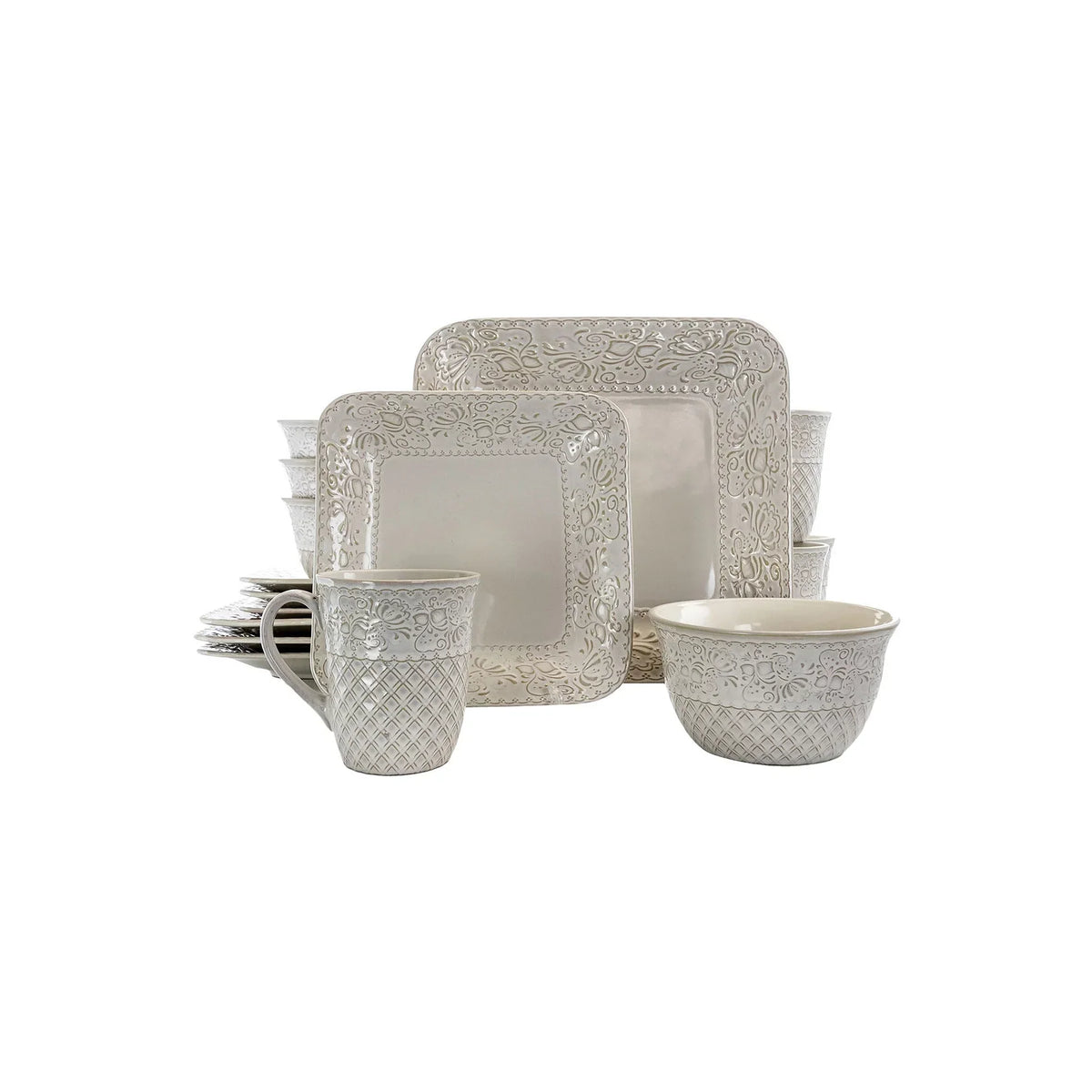 2026 NewElama Ivory Lotus 16 Piece Square Dinnerware Set