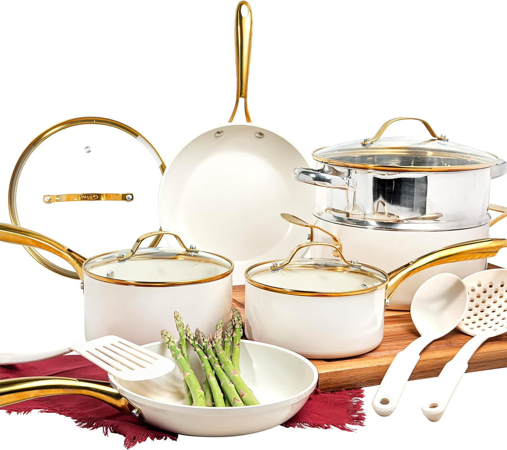 2026 NewGotham Steel 15 Pc Ceramic Cookware Set, Ceramic Pots and Pans Set Non Stick with Cooking Utensils and Steamer, Non Toxic, Premium Gold Stay Cool Handles, Oven & Dishwasher Safe