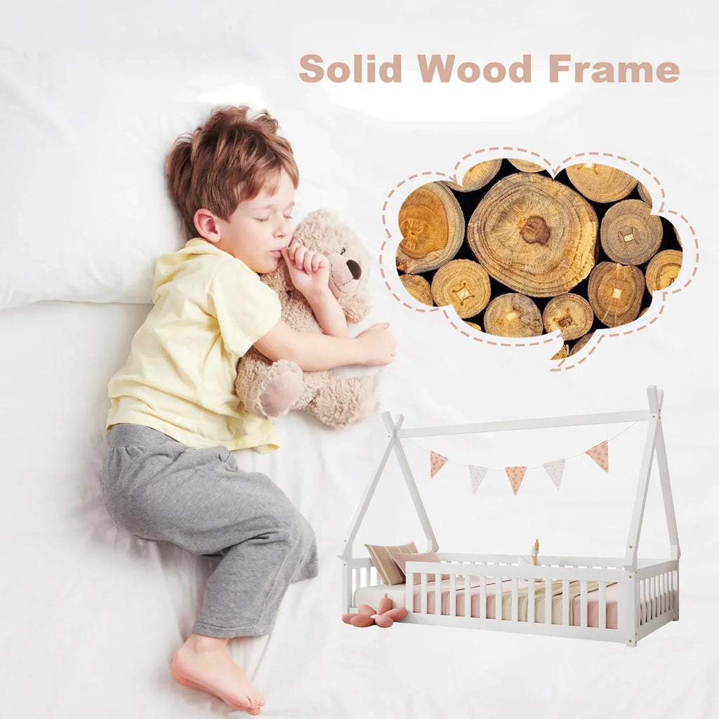 2026 New Full Size House Floor Bed, Wood Montessori Bed Frame with Fence Guardrails, House Beds Frame No Box Spring Needed-Full, Gray)