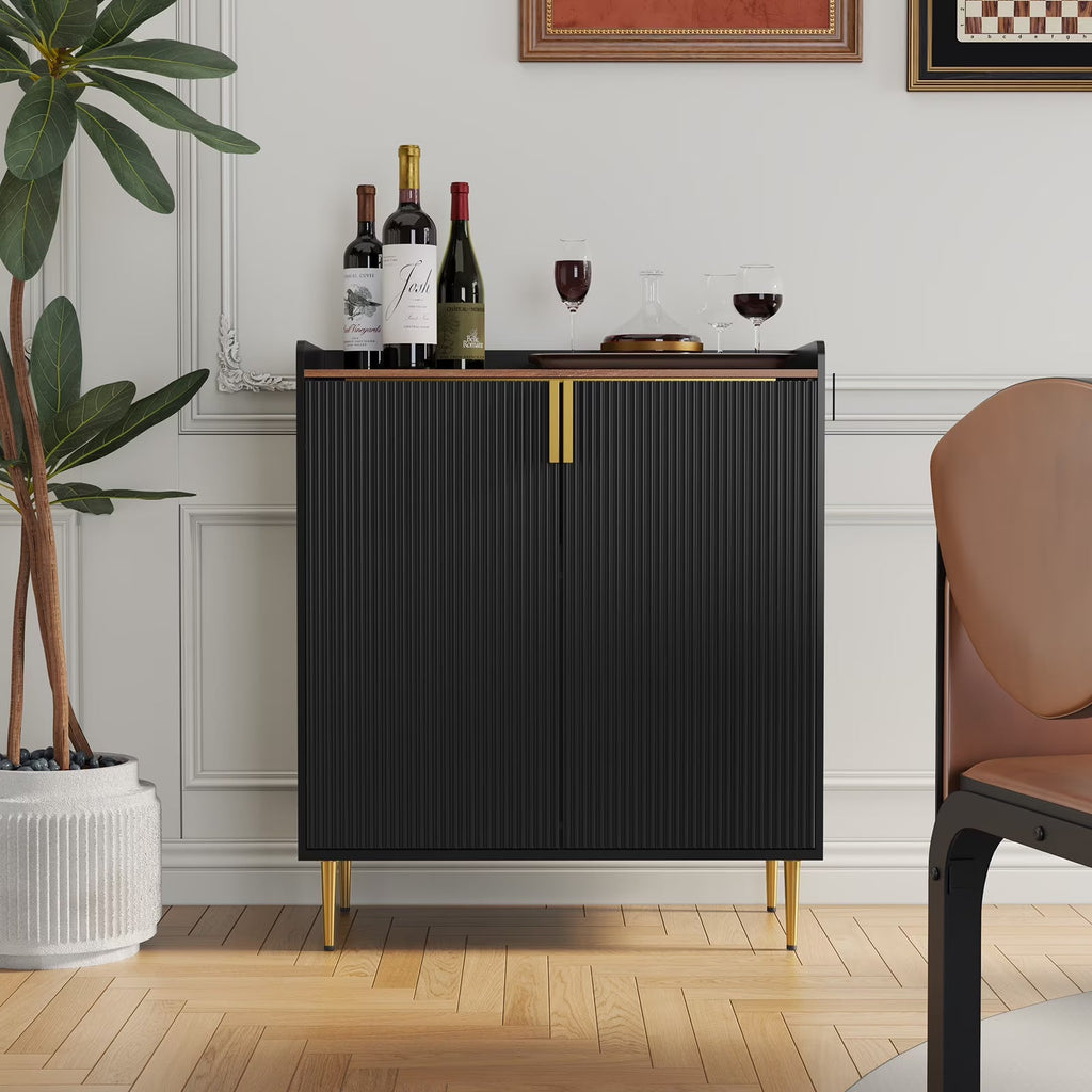 2026 NewCBJCBJ 32" Wine Bar Cabinet with 2 Door Fluted Texture, Modern Coffee Cabinet with Rack&Glass Holder, Black