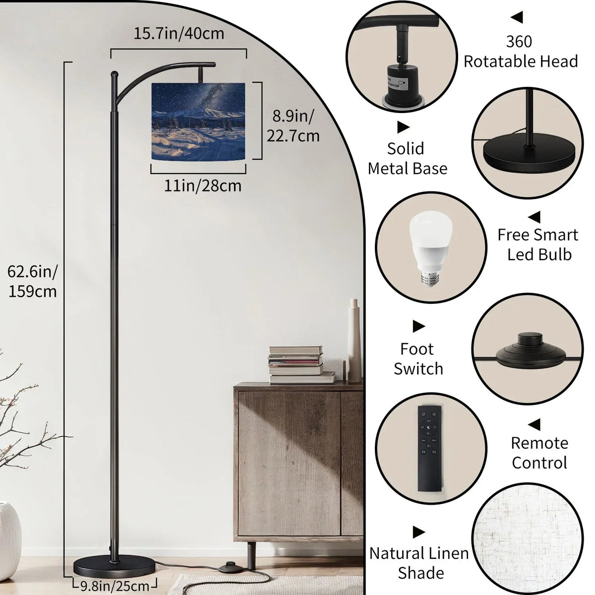 2026 New Arc Floor Lamp, 3 Color Temperatures Modern Floor Lamps Fall Autumn Maple Tree Forest Adjustable Tall Standing Reading Lamp with Linen Texture Shade