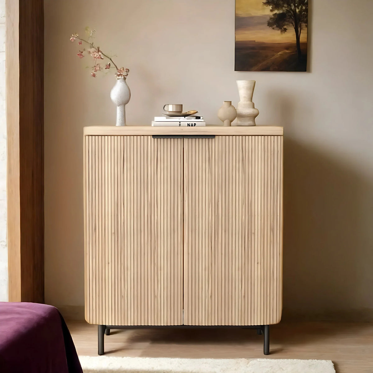 2026 NewVivvoo 30" Wood Nightstand Fluted Door Accent Cabinet