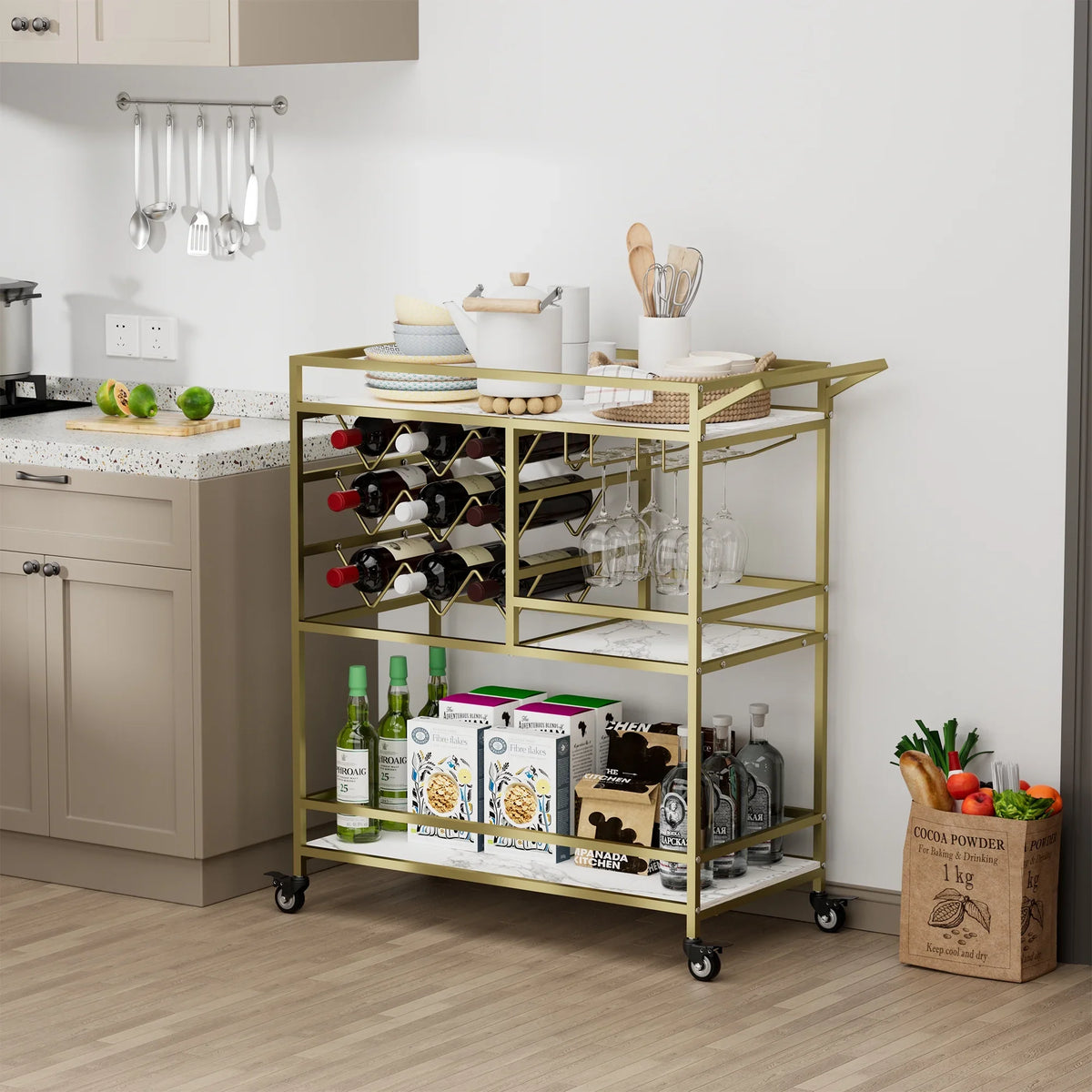 2026 NewWHIFEA 3-Tier Home Bar Cart with Wine Rack, Mobile Serving Wine Cart on Wheels, Modern Rolling Drink Trolley for Coffee Tea Wine
