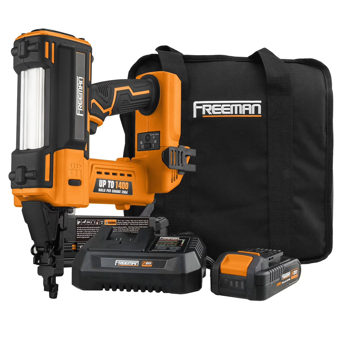2026 New Freeman PE20V2118G2 20 Volt Cordless 2-in-1 18-Gauge Nailer / Stapler Kit with Lithium Ion Battery, Charger, Bag