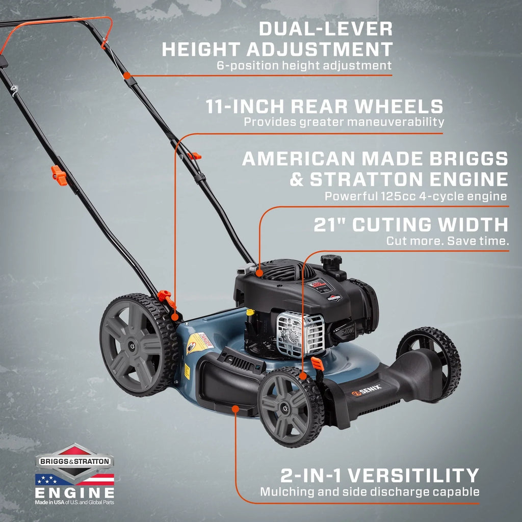 2026 NewSENIX Gas Lawn Mower, 21-Inch, 125 cc 4-Cycle Briggs & Stratton Engine, 2-In-1 Push Lawnmower, 6-Position Height Adjustment with 11-Inch Rear Wheels, LSPG-M4, Blue