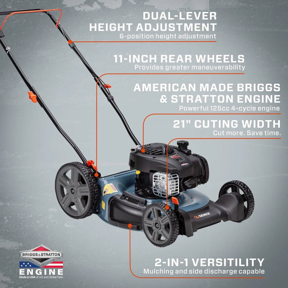2026 NewSENIX Gas Lawn Mower, 21-Inch, 125 cc 4-Cycle Briggs & Stratton Engine, 2-In-1 Push Lawnmower, 6-Position Height Adjustment with 11-Inch Rear Wheels, LSPG-M4, Blue