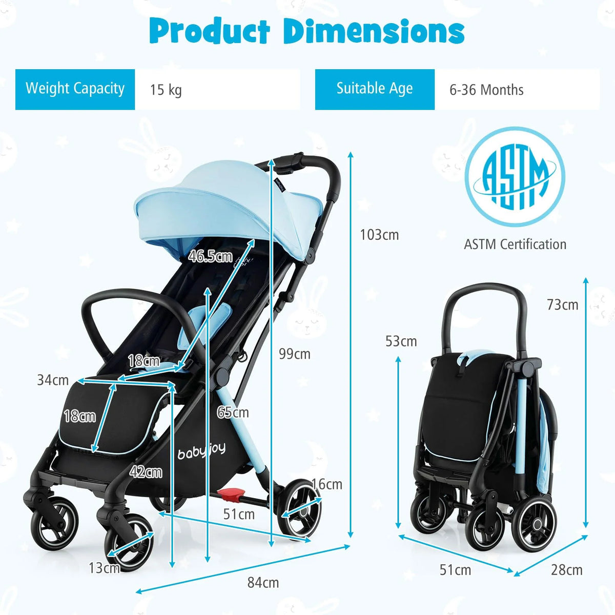Compact Travel Stroller for Airplane Infant Toddler Stroller w/Adjustable Backrest & Canopy