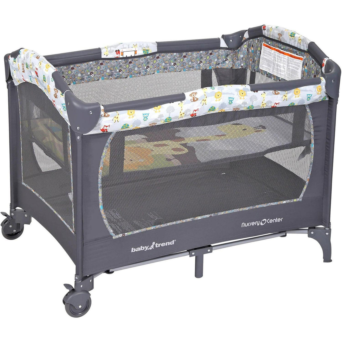 2026 NewBaby Trend Nursery Center Playard with Toy Mobile. Tanzania Grey