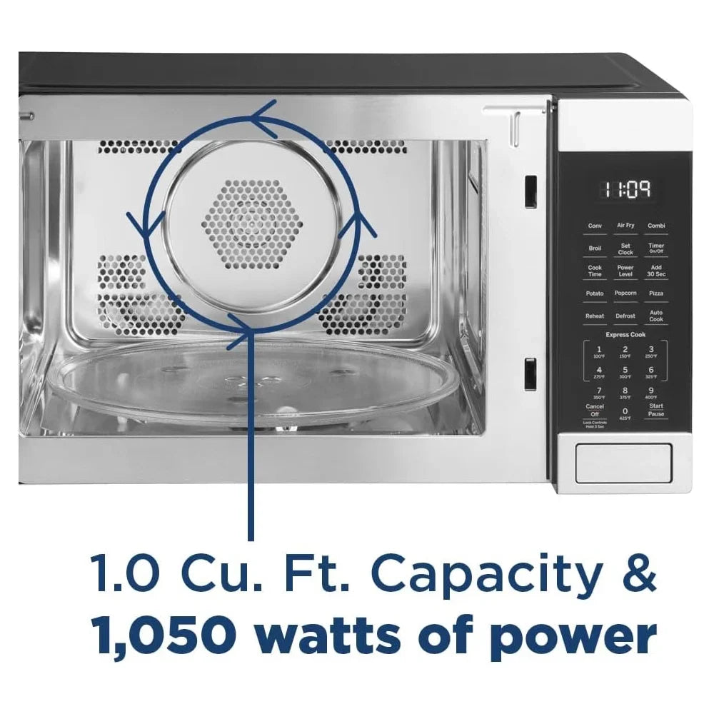 2026 NewOpen Box GE 3-in-1 Microwave Oven, 1,050 Watts Air Fryer, Broiler and Convection Mode, Child-Lock Technology, Kitchen Essentials for The Countertop or Dorm Room, 1.0 Cu. Ft., Stainless Steel