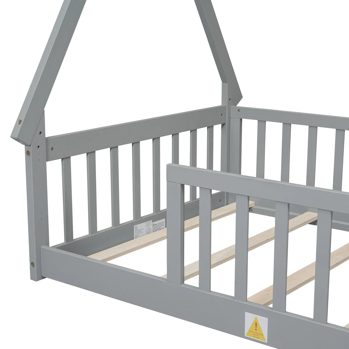 2026 New Full Size House Floor Bed, Wood Montessori Bed Frame with Fence Guardrails, House Beds Frame No Box Spring Needed-Full, Gray)