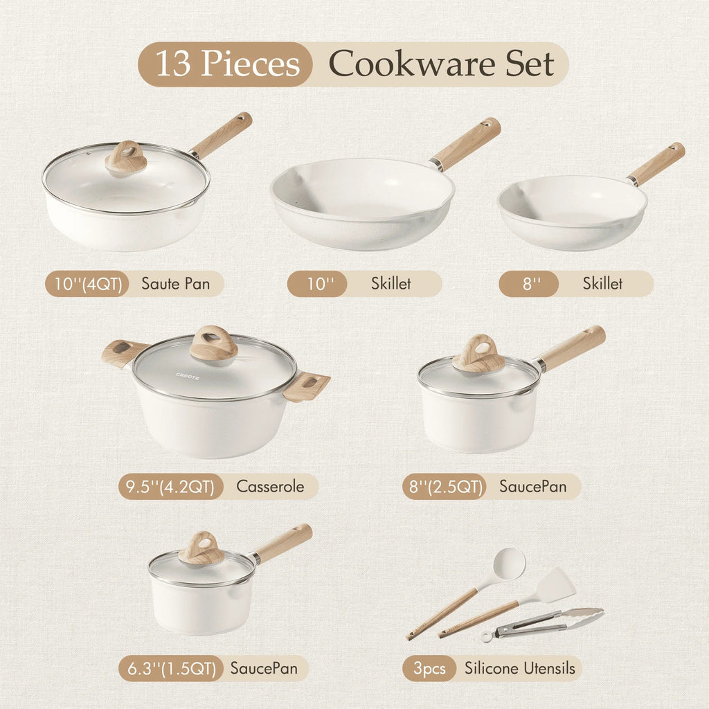 2026 NewCarote Nonstick Pots and Pans Set, 13 Pieces Kitchen Cookware Sets Compatible for All Stoves, White Granite