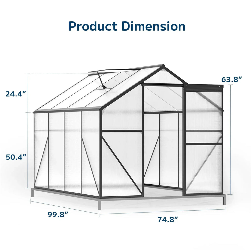 2026 NewAsofer 8x6 FT Greenhouse with Lockable Hinged Door Vent Window, Polycarbonate Walk-in Winter Greenhouse Sunroom, Black