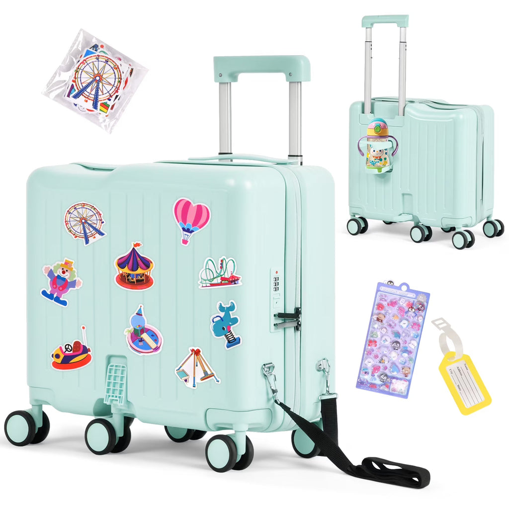 2026 NewAdvwin Ride-On Kids Luggage with Pull Strap, Footrests, Cup Holder, 6 Wheels & Adjustable Handle, 18-Inch Spinner Suitcase with Stickers & Boarding Pass, Pink