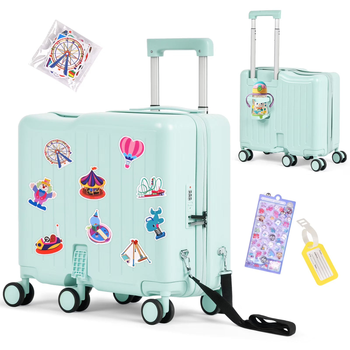 2026 NewAdvwin Ride-On Kids Luggage with Pull Strap, Footrests, Cup Holder, 6 Wheels & Adjustable Handle, 18-Inch Spinner Suitcase with Stickers & Boarding Pass, Pink