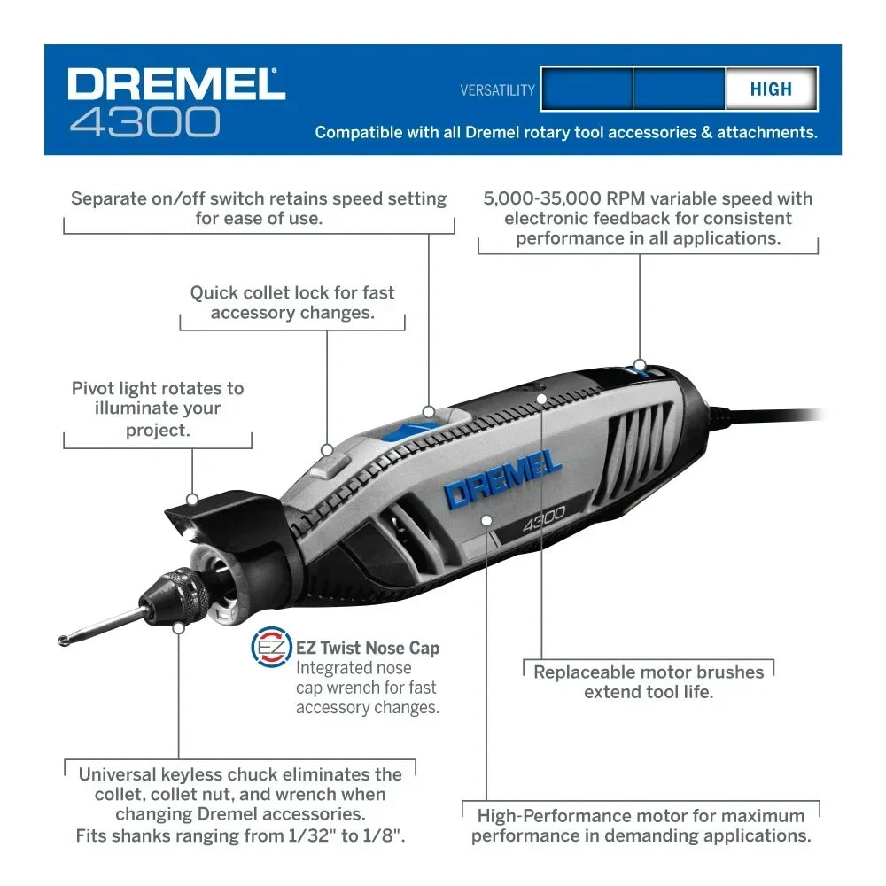 2026 NewDremel 4300-9/64 Platinum Edition Corded Rotary Tool, Variable Speed with 9 Dremel Tool Attachments, 64 Accessories, Storage Organizers & Dremel Tool Case, 1.8A/120V