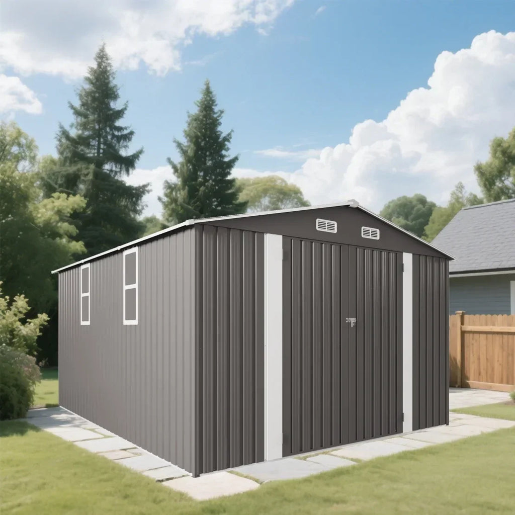 2026 New10 x 8 FT Outdoor Storage Shed, Large Metal Storage Shed, Lockable Door and Air Vent, Clear Window Garden Tool Shed for Bicycles, Tools, Lawnmowers, Backyards, Patios, Lawns - Gray