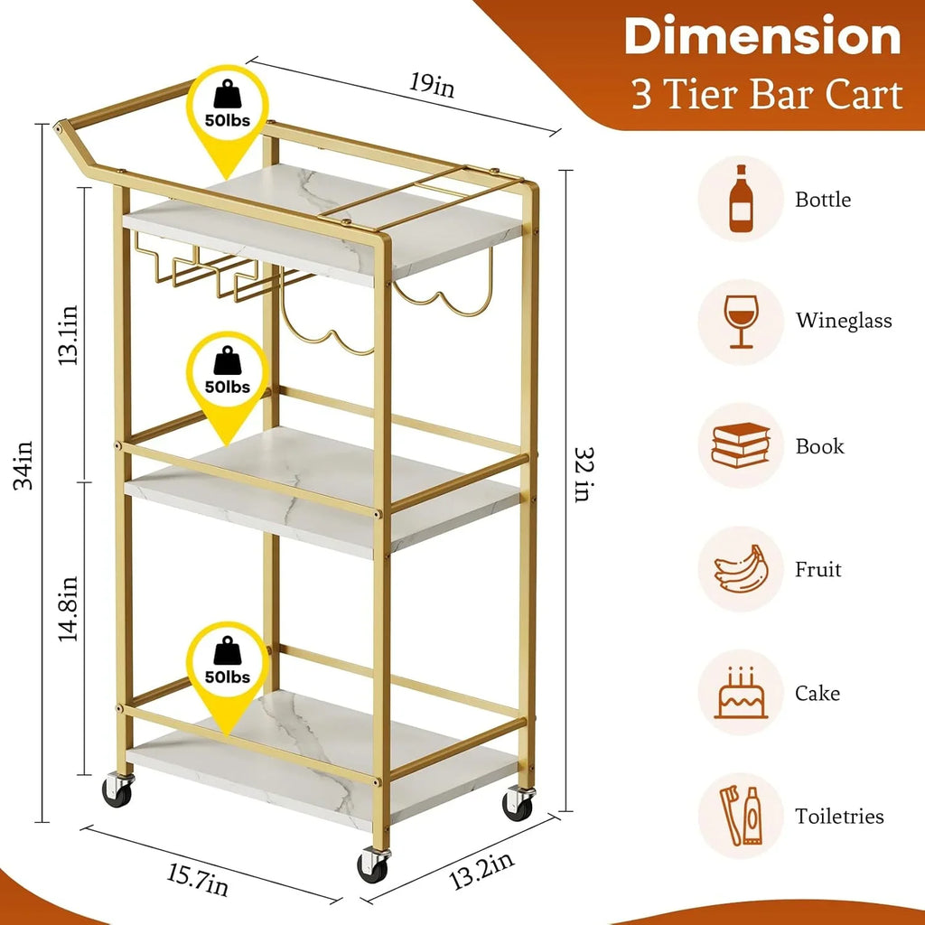 2026 New3 Tier Bar Cart, Mini Liquor Utility Cart for Wine Beverage Dinner Party, Rolling Wine Coffee Drink Serving Cart with Lockable Wheels for Home Kitchen