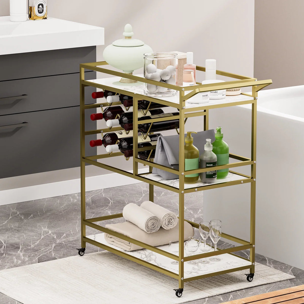 2026 NewWHIFEA 3-Tier Home Bar Cart with Wine Rack, Mobile Serving Wine Cart on Wheels, Modern Rolling Drink Trolley for Coffee Tea Wine