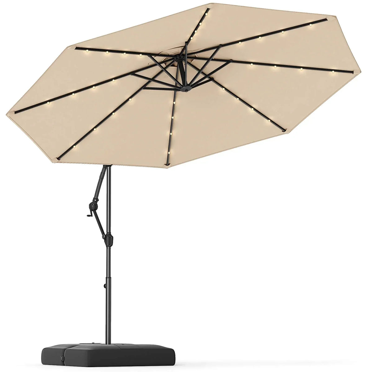 2026 NewCostway 10 FT Solar Offset Hanging Umbrella Patio Cantilever Umbrella with 32 LED Lights Brown
