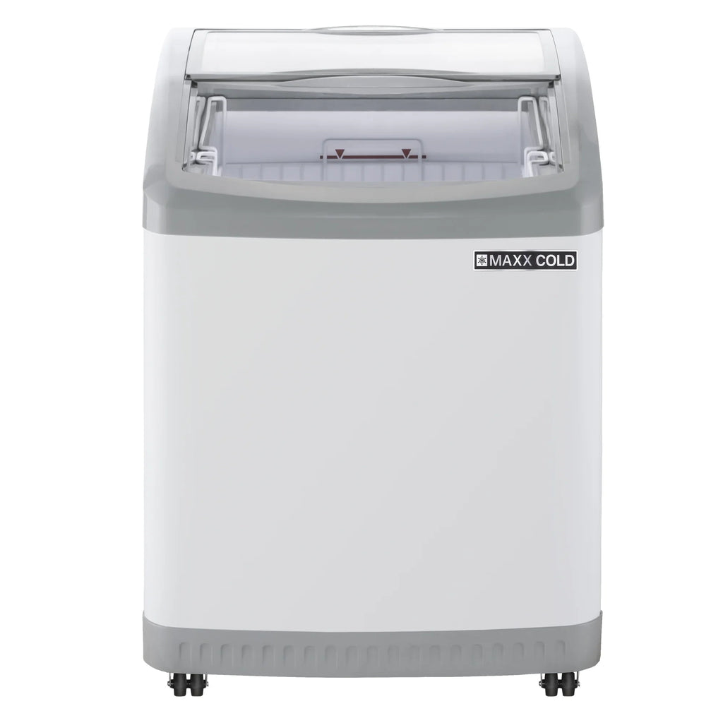 2026 NewMaxx Cold Curved Glass Top Chest Freezer Display, 24.6"W, 3.81 cu. ft. Storage Capacity, Equipped with (2) Wire Baskets, in White (MXF25CHC-2)