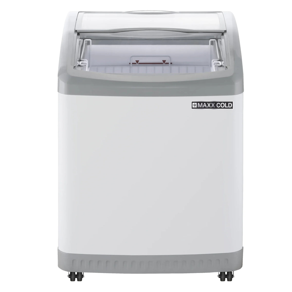 2026 NewMaxx Cold Curved Glass Top Chest Freezer Display, 24.6"W, 3.81 cu. ft. Storage Capacity, Equipped with (2) Wire Baskets, in White (MXF25CHC-2)