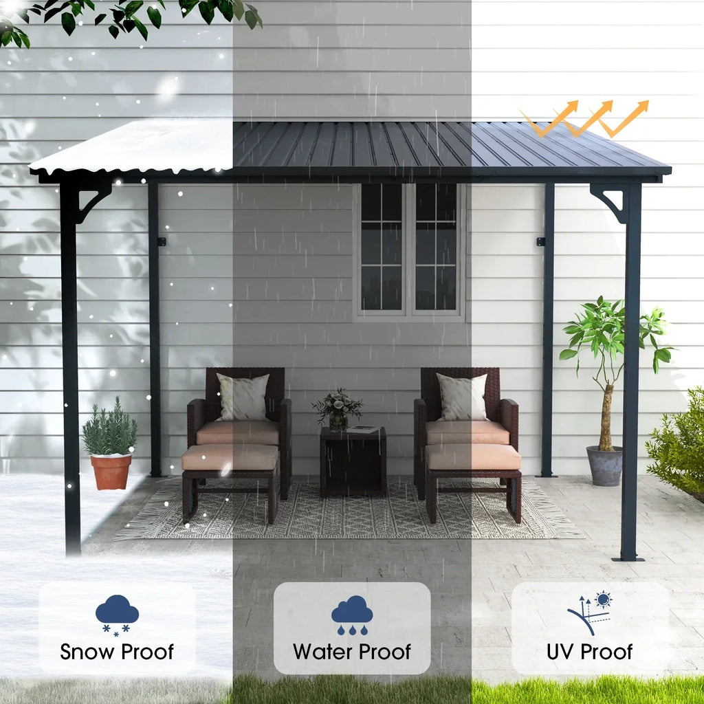 2026 New8' x 10' Outdoor Pergola Gazebo, Lean to Awnings Gazebos, Heavy Duty Hard Top Metal Pergola with Roof, for Patio, Backyard, Decks, Poolside