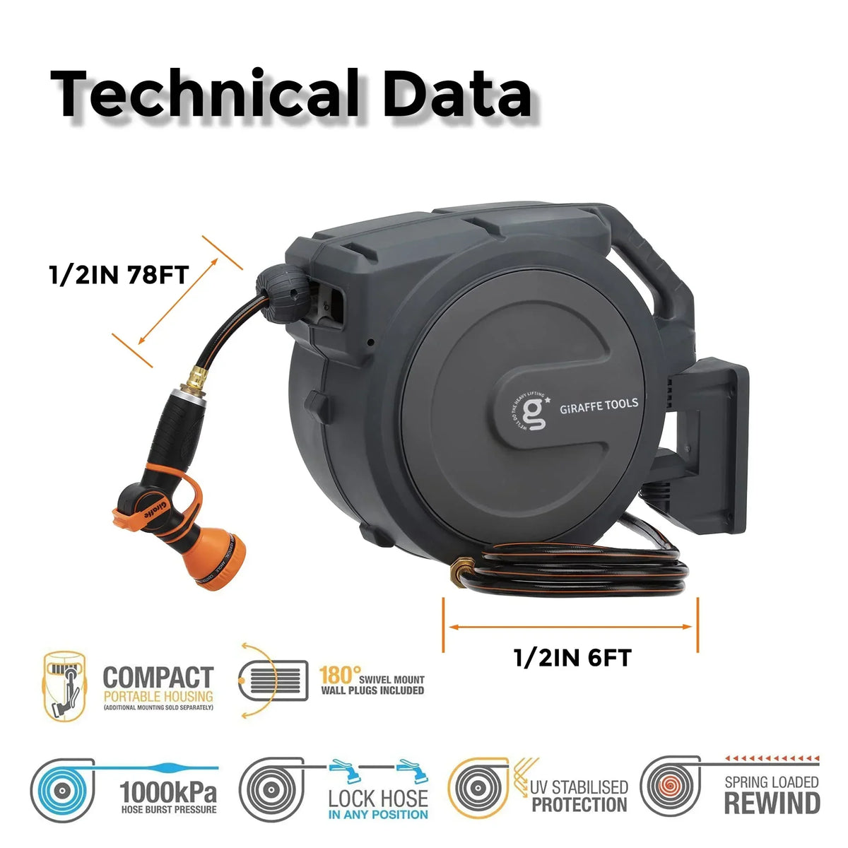 2026 NewGiraffe Tools Retractable Garden Hose Reel with 1/2in-100ft Water Hose, Plastic Bracket, Wall Mounted, Dark Grey