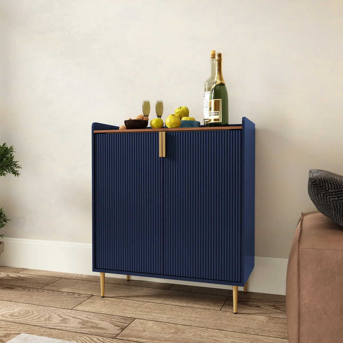2026 NewCBJCBJ 32" Wine Bar Cabinet with 2 Door Fluted Texture, Modern Coffee Cabinet with Rack&Glass Holder, Black