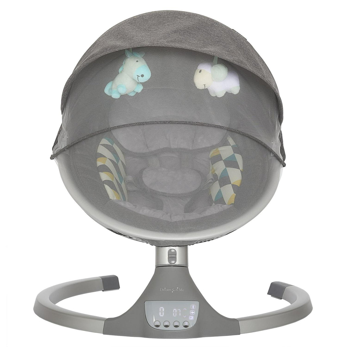 2026 NewDream On Me Zazu Baby Swing. Baby Swing for Infant. 5 - Swinging Speed. Two Attached Toys. Bluetooth Enabled and Remote Control. Grey and Blue
