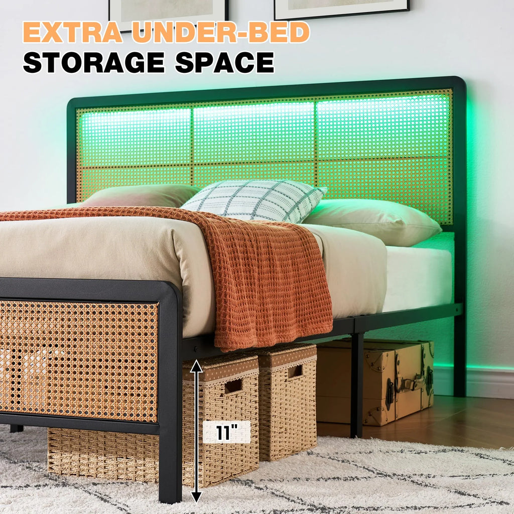 2026 New Platform Bed Frame with Natural Rattan Headboard Modern Cane Bed Frames with Heavy Duty Sturdy Steel Slat Support No Box Spring Needed Easy Assembly