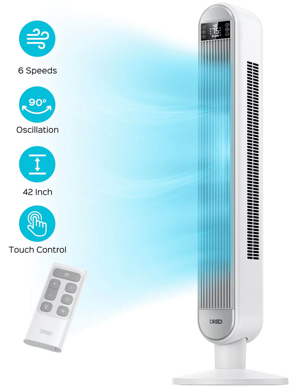 2026 NewDreo Tower Fan for Home, 42" Standing Fan with Remote, 90" Oscillating Fan for Indoors, 34dB Quiet Bedroom Fans, 6 Speeds, 4 Modes, 12H Timer, Bladeless Fan with LED Display, 26 ft/s High Velocity