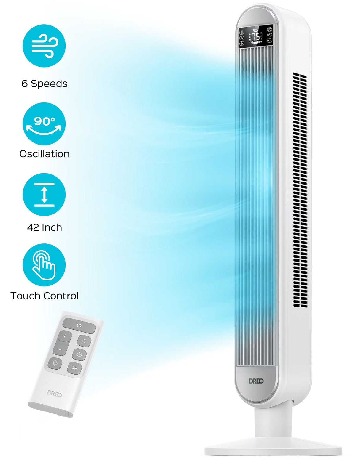 2026 NewDreo Tower Fan for Home, 42" Standing Fan with Remote, 90" Oscillating Fan for Indoors, 34dB Quiet Bedroom Fans, 6 Speeds, 4 Modes, 12H Timer, Bladeless Fan with LED Display, 26 ft/s High Velocity