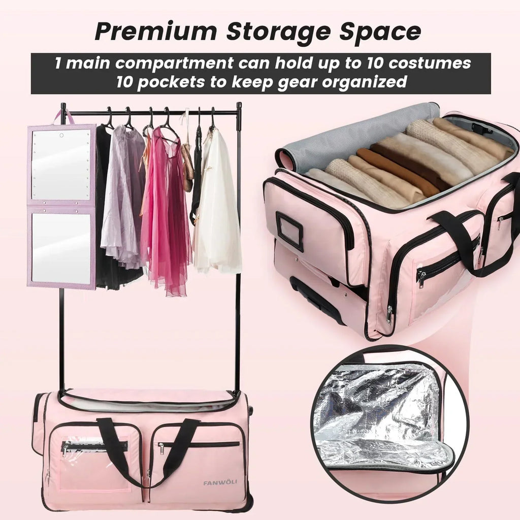 2026 NewFegat Dance Bag with Garment Rack - 28"Collapsible Rolling Competition Dance Duffle Bag Lightweight Costume Wheeled Suitcase for Dancers Shows Livestreamer Athletes