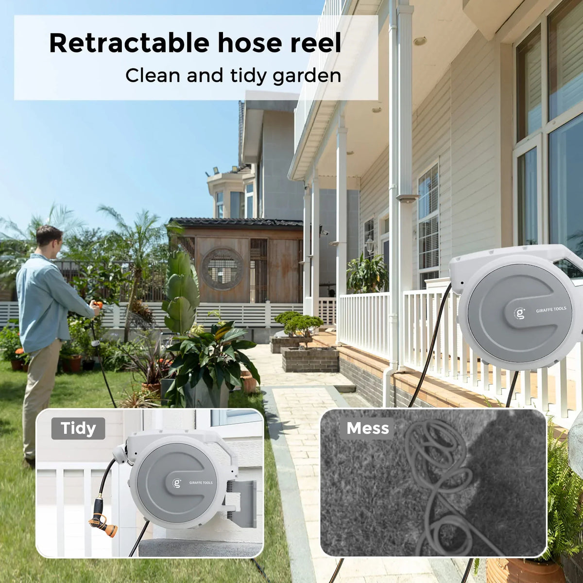 2026 NewGiraffe Tools Retractable Garden Hose Reel with 1/2in-100ft Water Hose, Plastic Bracket, Wall Mounted, Dark Grey