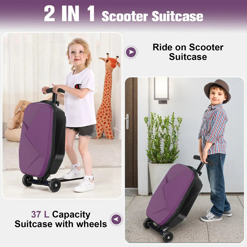 2026 NewAdvwin Scooter Luggage for Kids & Adults, Hardside Ride on Suitcase for Kids Ages 4-15 Multifunctional Lightweight Foldable Carry on Luggage with Wheels Ride on for Children Teenagers, Pink