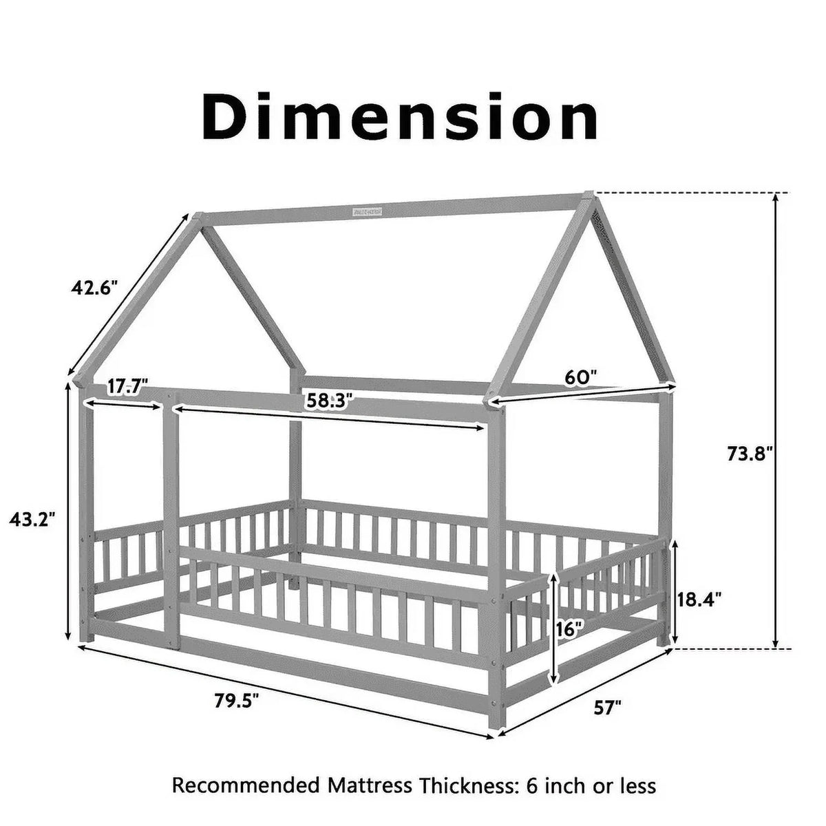 2026 New Full Size House Floor Bed, Wood Montessori Bed Frame with Fence Guardrails, House Beds Frame No Box Spring Needed-Full, Gray)