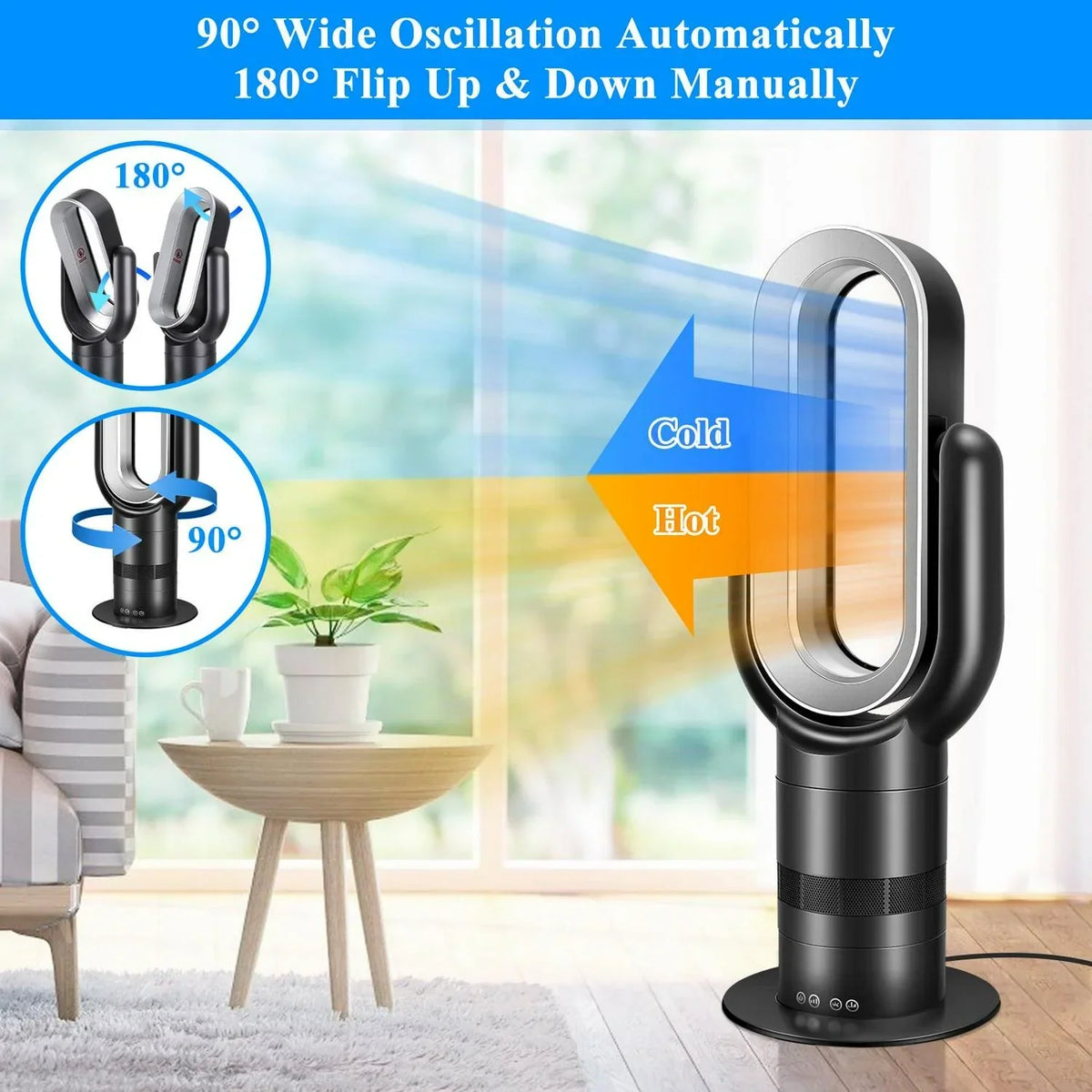 2026 NewDubbin 26 inch Space Heater Bladeless Tower Fan. Heater and Cooling Combo. with Remote Control. Black
