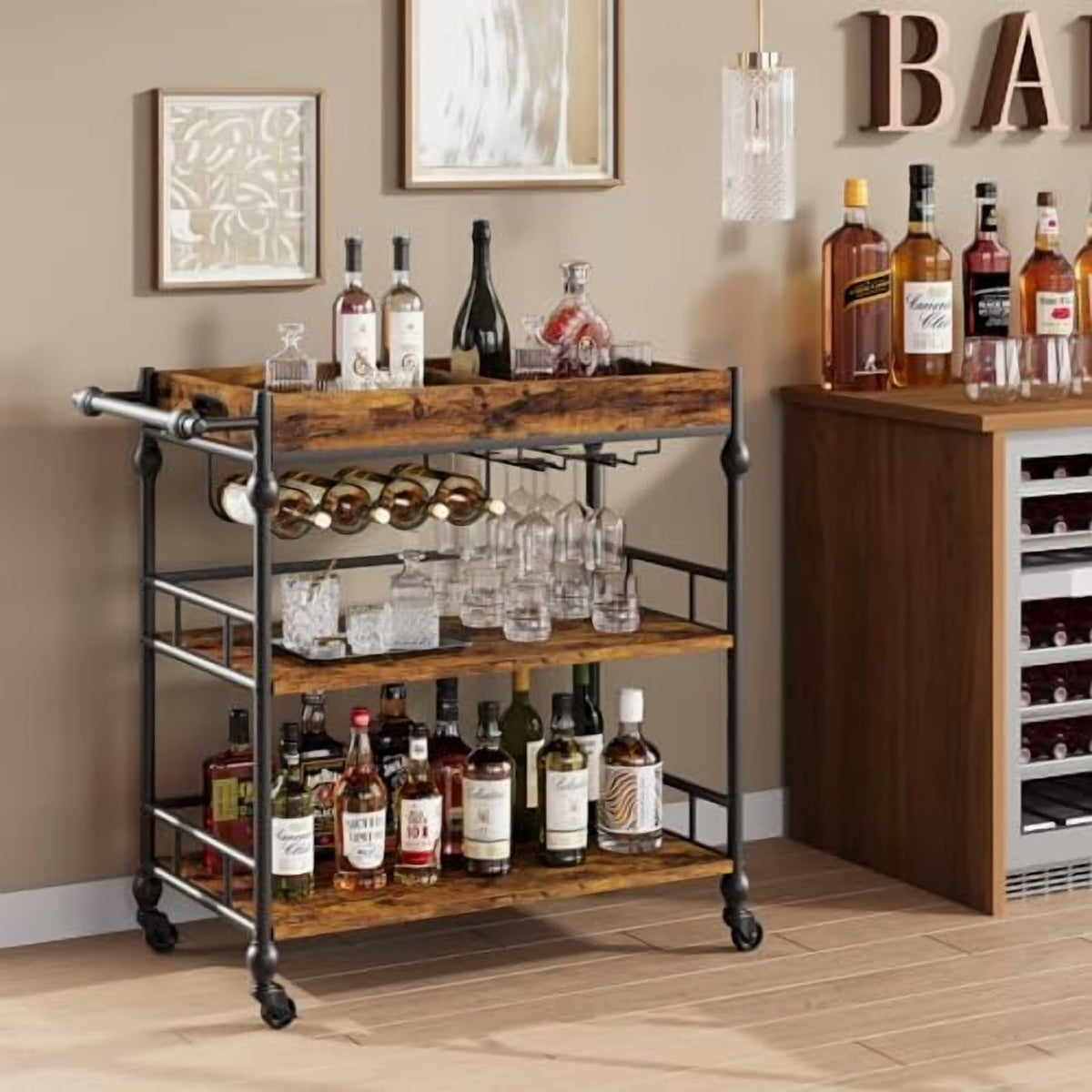 2026 New IDEALHOUSE Bar Cart, Bar Carts for The Home, 3 Tier Bar Cart with Wheels, Portable Home Bar & Serving Carts