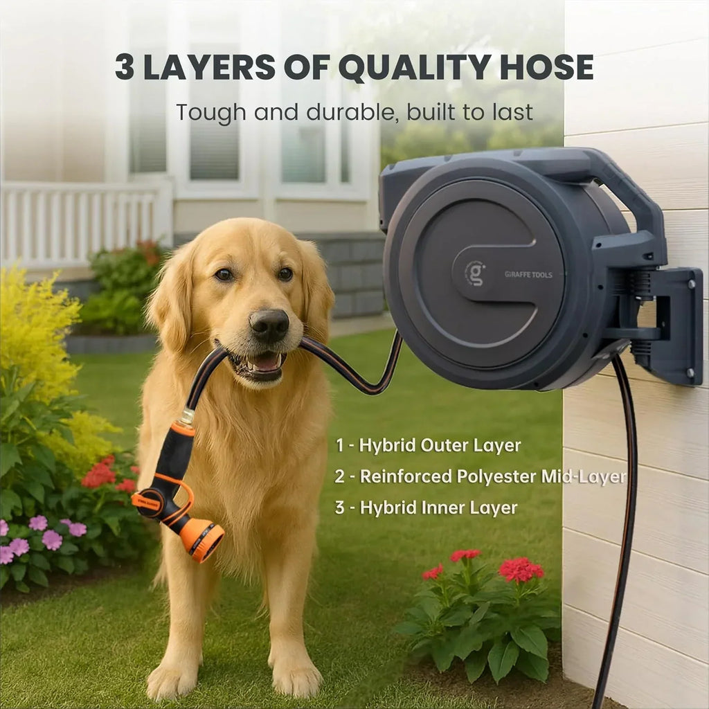 2026 NewGiraffe Tools Retractable Garden Hose Reel with 1/2in-100ft Water Hose, Plastic Bracket, Wall Mounted, Dark Grey