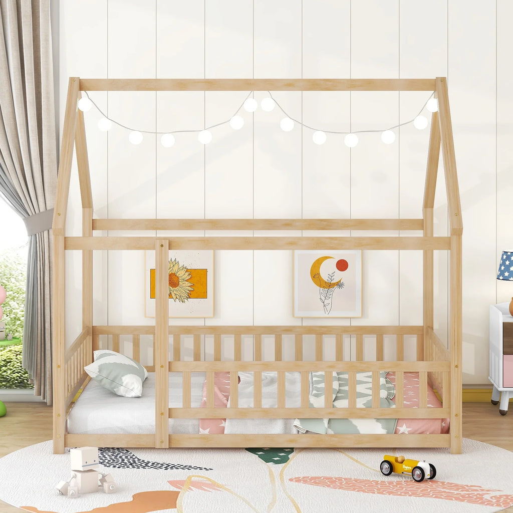 2026 New Full Size House Floor Bed, Wood Montessori Bed Frame with Fence Guardrails, House Beds Frame No Box Spring Needed-Full, Gray)