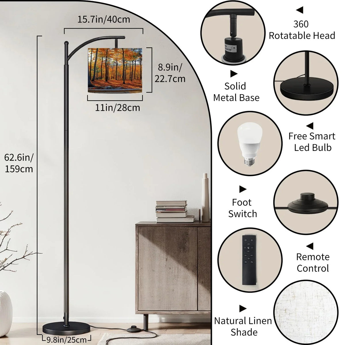 2026 New Arc Floor Lamp, 3 Color Temperatures Modern Floor Lamps Fall Autumn Maple Tree Forest Adjustable Tall Standing Reading Lamp with Linen Texture Shade