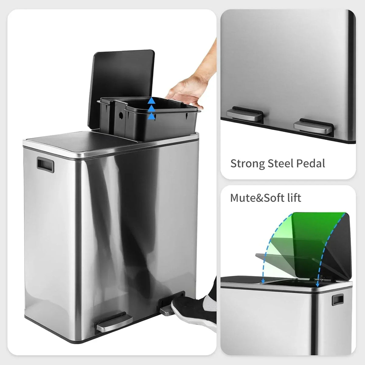 2026 NewArlopu 60 L/16 gal Dual Trash Can, Stainless Steel Garbage Can for Kitchen, Recycle Bin with Lid