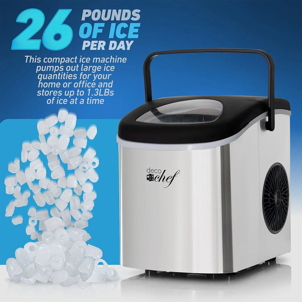 2026 NewDeco Compact Countertop Ice Maker, 26LBs in 24HRs, 9 Bullet Ice Cubes Ready in 6 Minutes, Stainless Steel