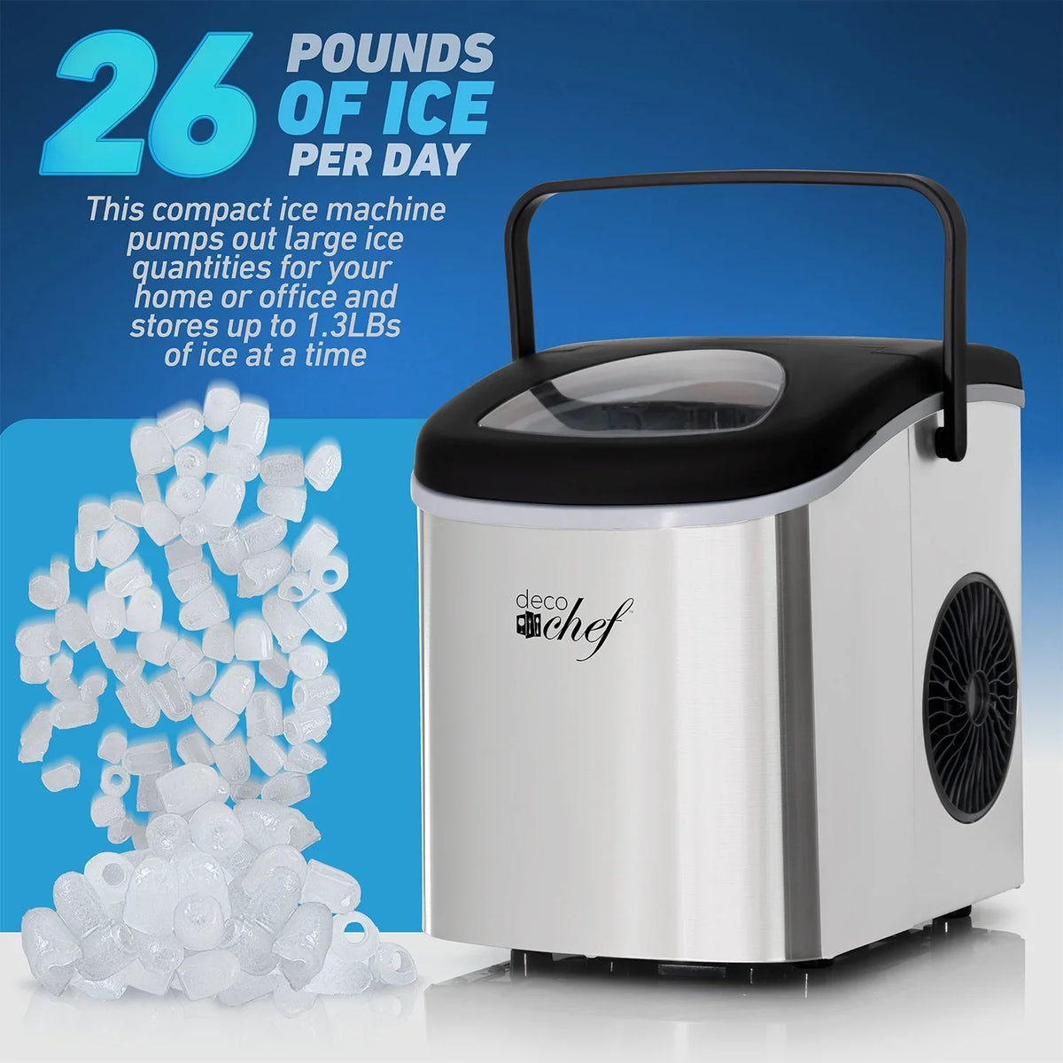 2026 NewDeco Compact Countertop Ice Maker, 26LBs in 24HRs, 9 Bullet Ice Cubes Ready in 6 Minutes, Stainless Steel