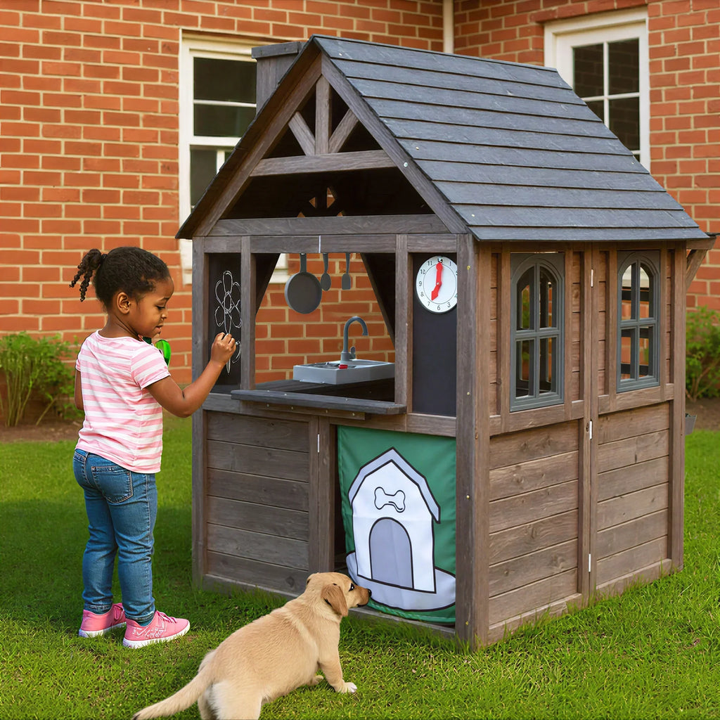 2026 NewCOCLUB Outdoor Playhouse for Kids Ages 4-8, Wooden Play House with Doorbell, Phone, Kitchen Toys, Outdoor Kids Play Equipment, Casa Para Niñas (45”L x 65”H), White & Black