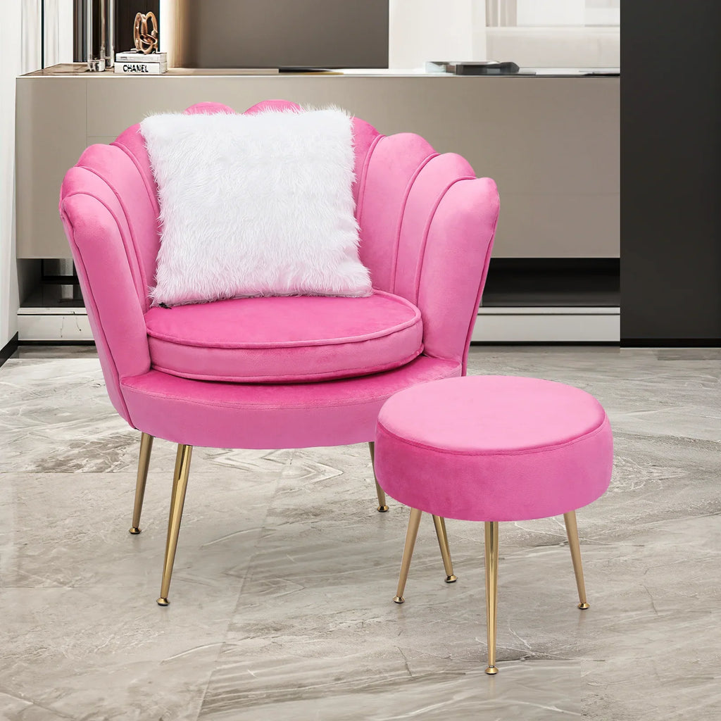 2026 NewMoNiBloom Set of 2 Velvet Tufted Accent Chair with Pillow and Stool, Upholstered Modern Single Sofa Side Chair with Padded Seat and Golden Metal Legs, Living Room Armchair, Black