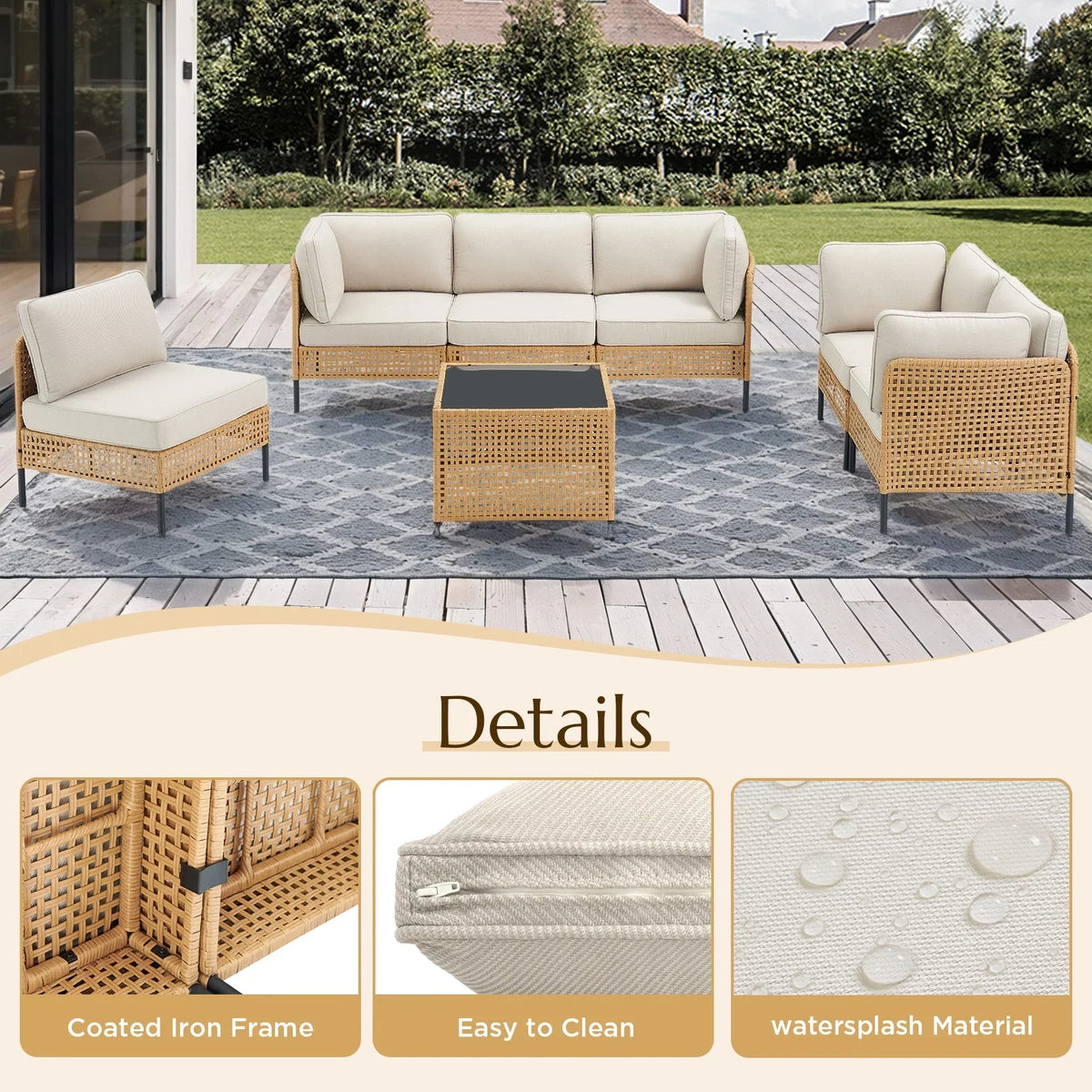 2026 NewPPorfamilia Outdoor Modular Sectional Furniture Set, 7 Piece Natural PE Rattan Sofa Set with 2 Corner Chairs, 4 Middle Chairs, Side Table