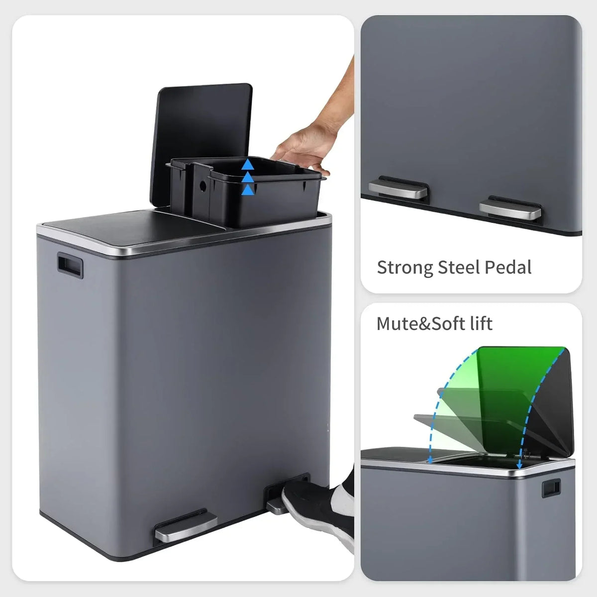 2026 NewArlopu 60 L/16 gal Dual Trash Can, Stainless Steel Garbage Can for Kitchen, Recycle Bin with Lid